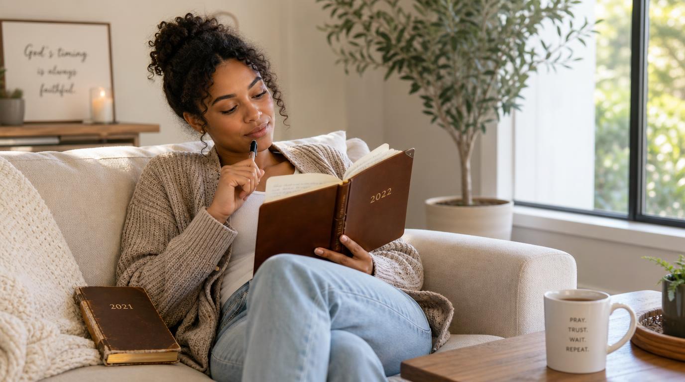 A woman sits on a beige sofa in a bright, modern living room, reading her brown leather journal labeled “2022” while another journal marked “2021” rests beside her. She holds a pen thoughtfully near her lips, surrounded by soft light, a potted plant, and a mug that reads “Pray. Trust. Wait. Repeat.” A framed quote behind her says “God’s timing is always faithful,” creating a calm, reflective atmosphere.