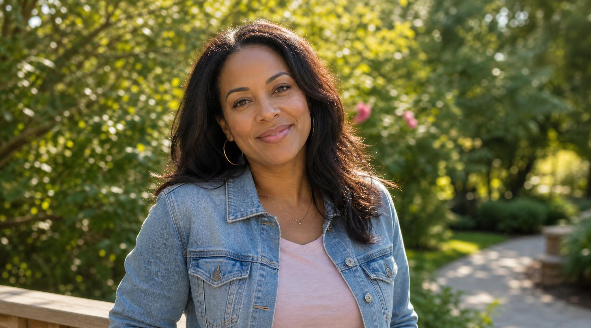 A 47 year old woman, appearing closer to 36, smiles warmly outdoors in soft afternoon sunlight. She wears a pink top with a faded denim jacket, standing against a blurred background of trees and greenery.