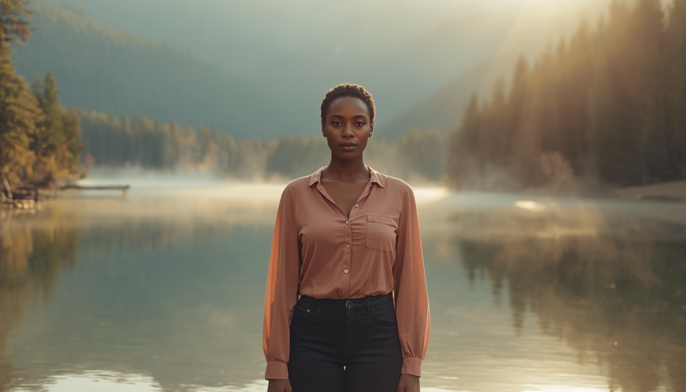 A woman in a rose peach blouse stands at the edge of a calm mountain lake, centered in golden light, embodying quiet strength.
